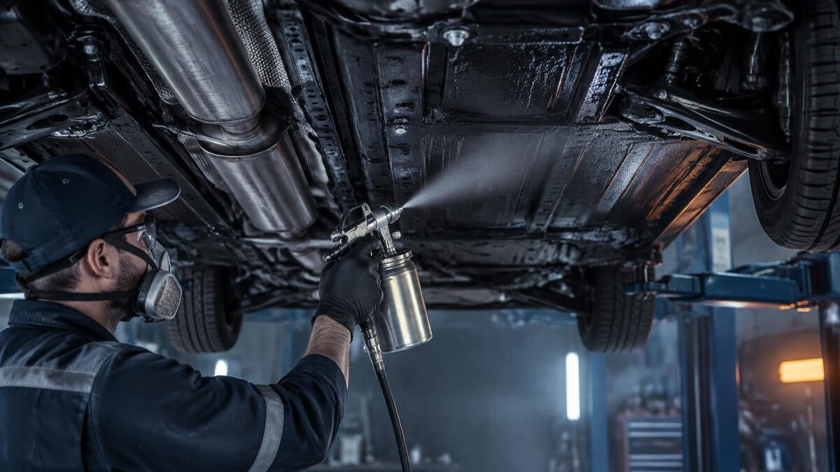 Mechanik nanosi czarną powłokę ochronną pistoletem natryskowym na podwozie samochodu na podnośniku
